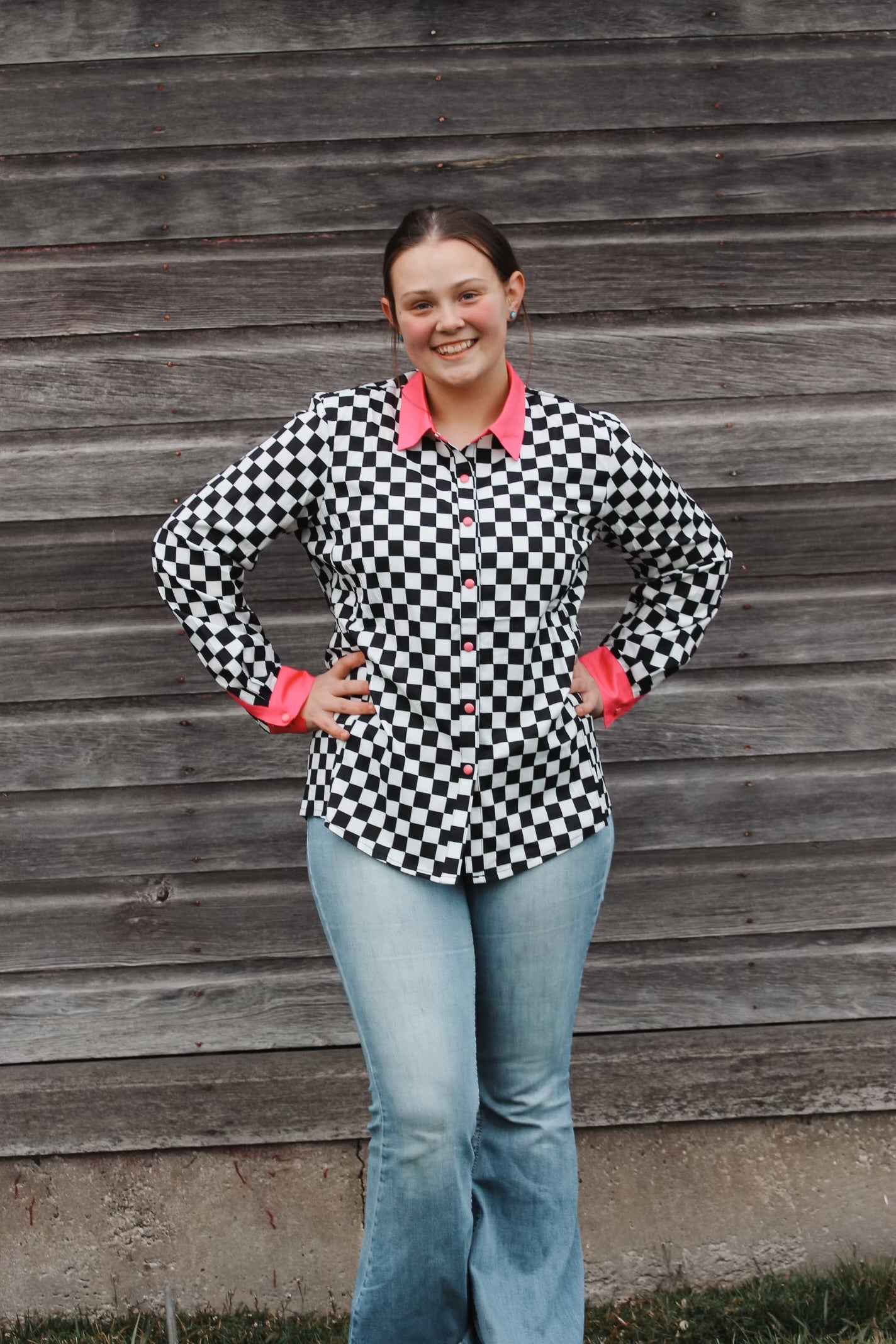 Women's Black and White Checkered Button Up With Pink