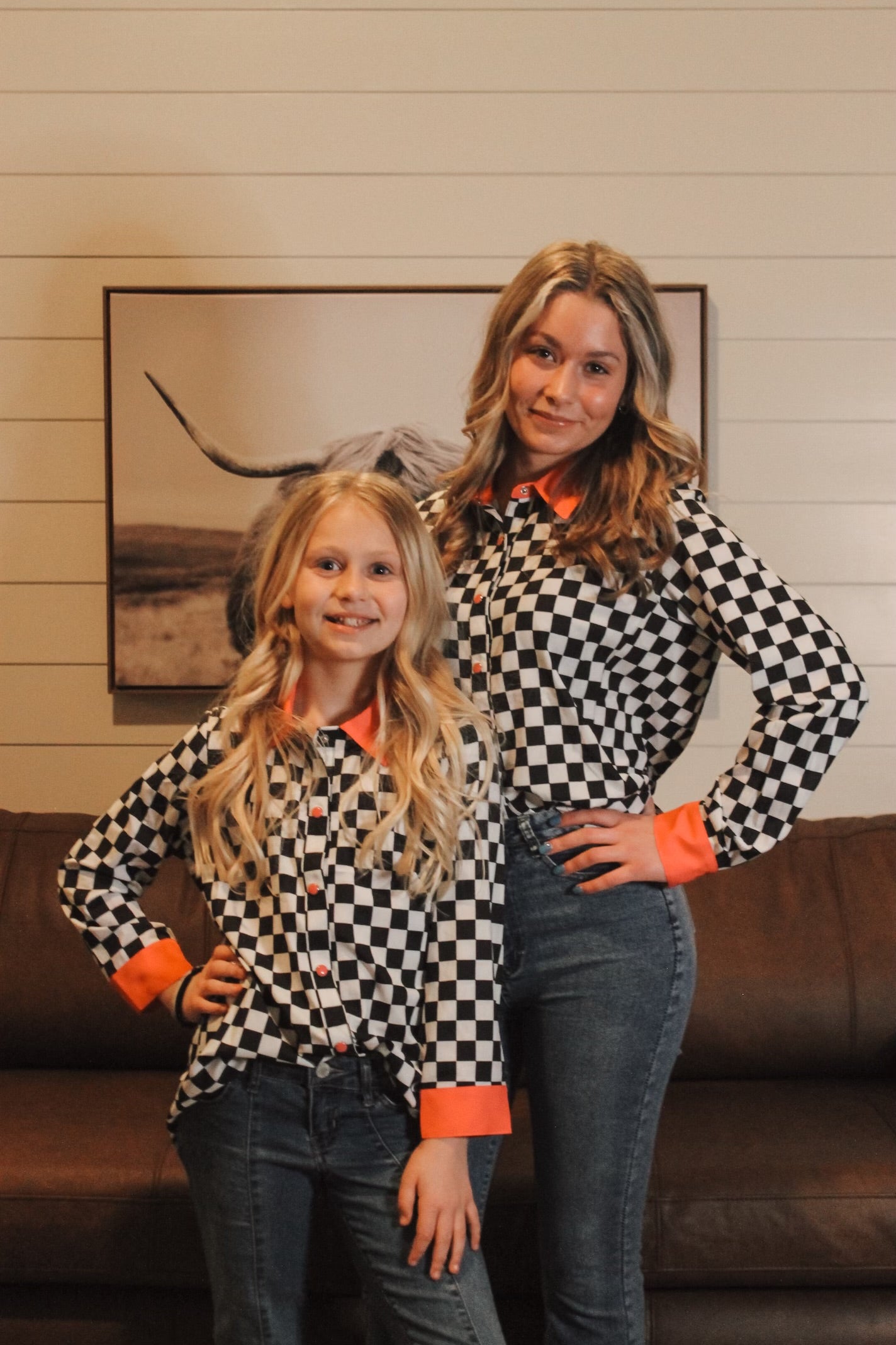 Women's Black and White Checkered Button Up With Pink
