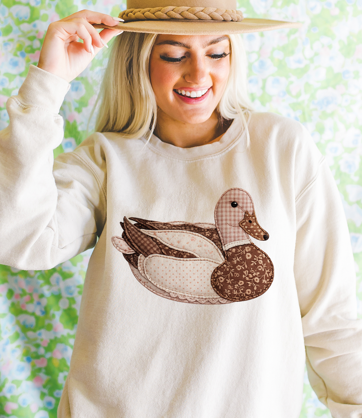 Faux Patchwork Brown Duck - Cream Sweatshirt