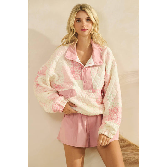 Textured Printed Quarter Zip Pink