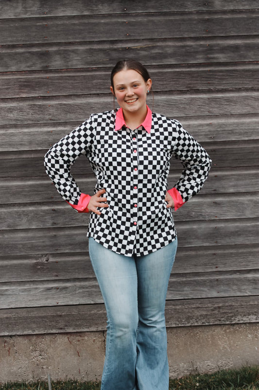 Women's Black and White Checkered Button Up With Pink